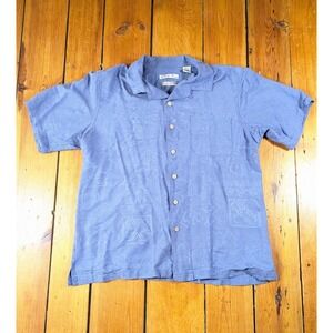 Vintage Blue Silk Camp Shirt Short Sleeve Embossed Floral Pattern  Beachy Vacati